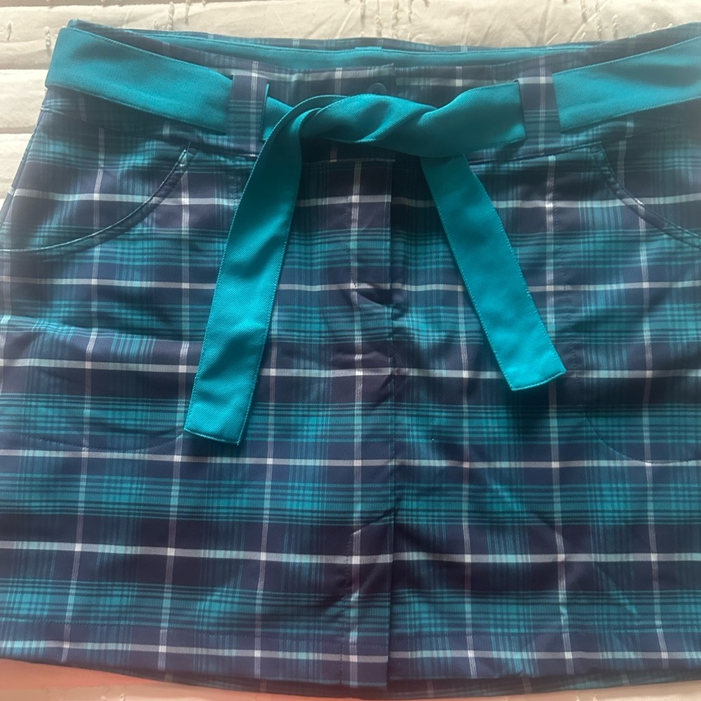 Blue Plaid Skirt with Tie Belt